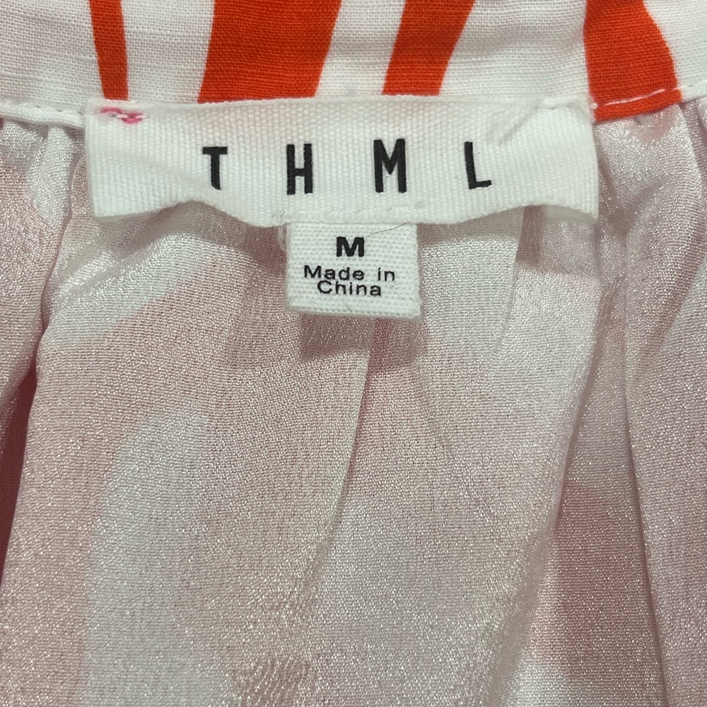 THML Orange White Botanical Print Ruffle Neck Mini Dress Linen Blend M - Picture 8 of 10